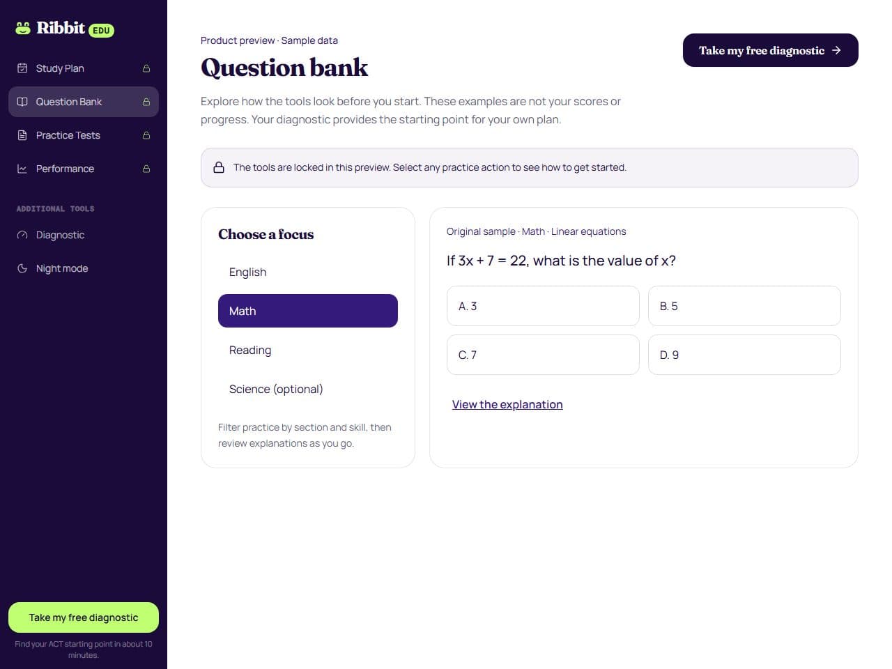 RibbitEDU question bank preview with section filters and a sample Math question.