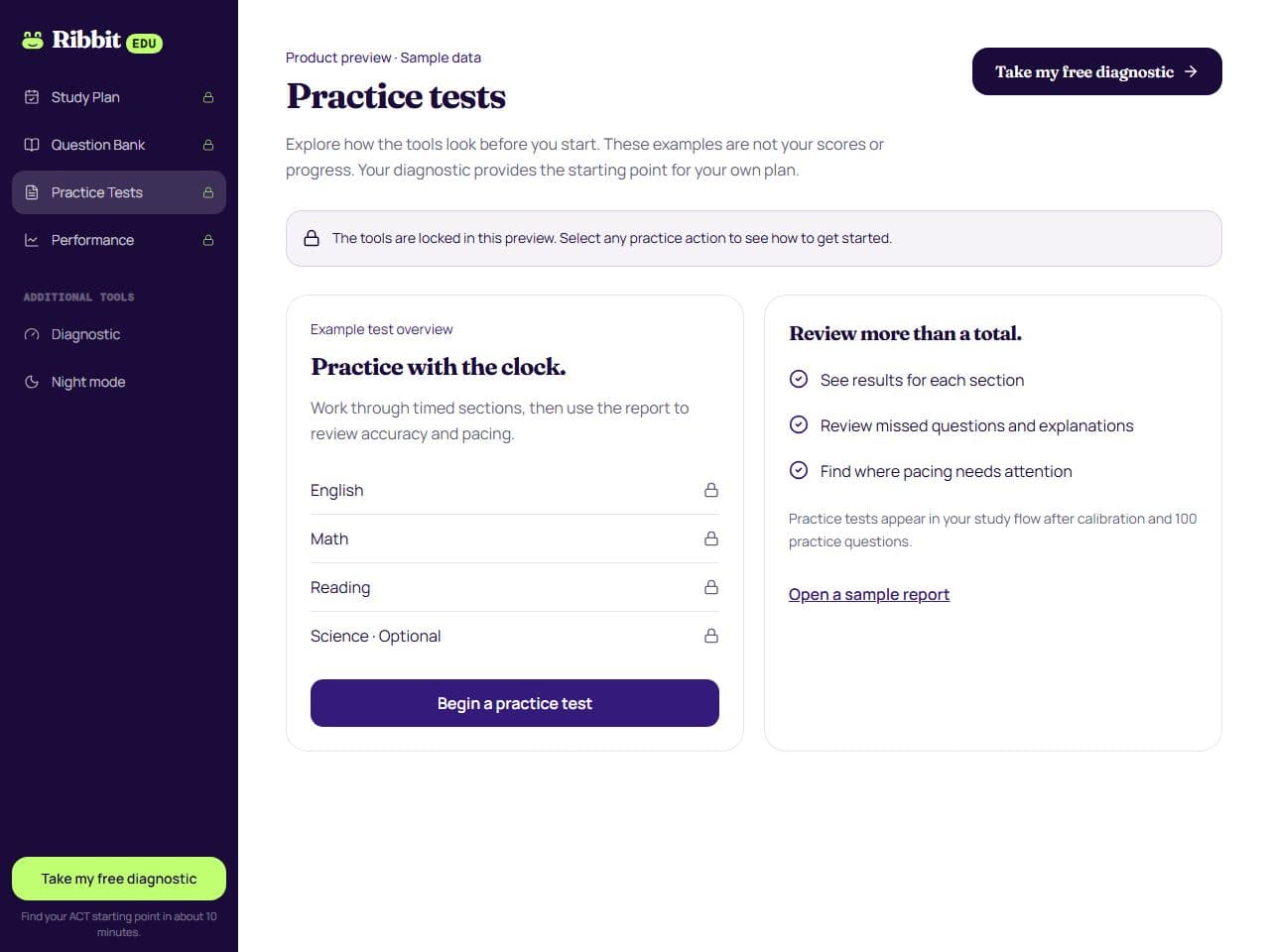 RibbitEDU practice-test preview showing timed sections and the accuracy and pacing report overview.